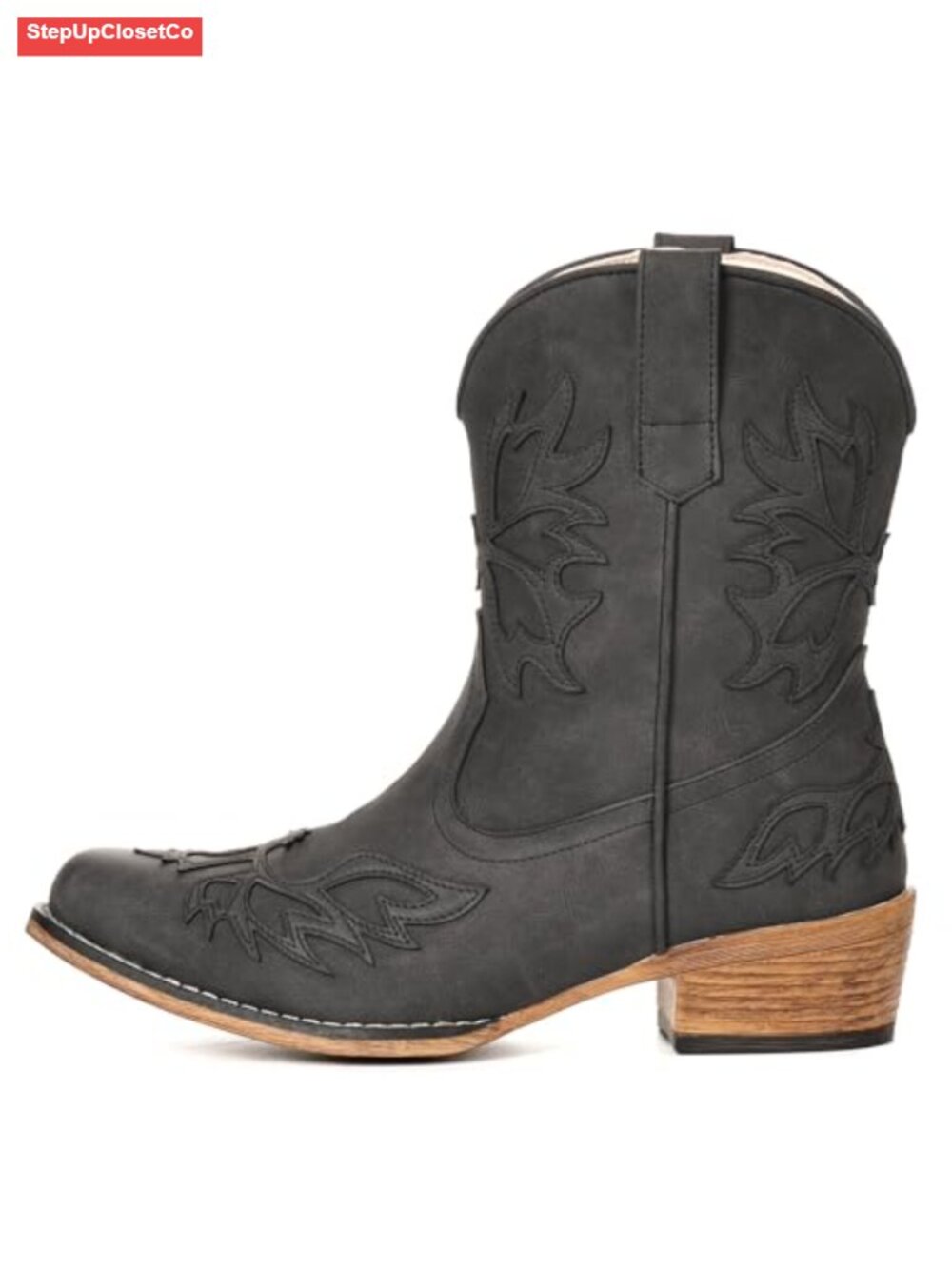 Western Embroidered Snip Toe Ankle Cowboy Boots Faux Leather Pull On